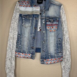 Desigual Blue Denim Jacket with Lace and Embroidery